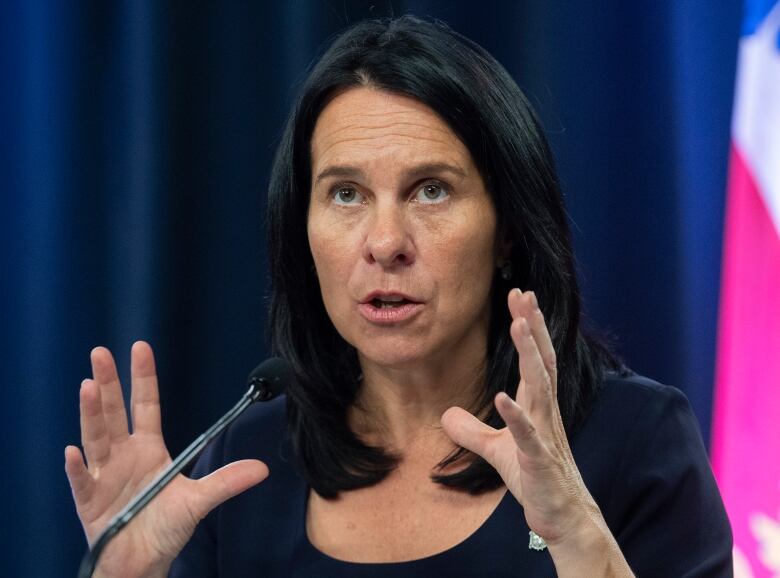 A woman speaks into a microphone. 