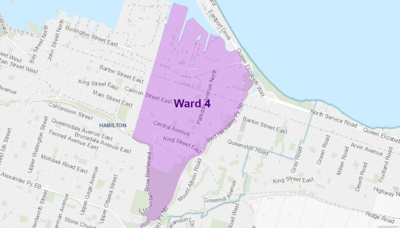 A map showing part of Hamilton with ward 4 in purple.