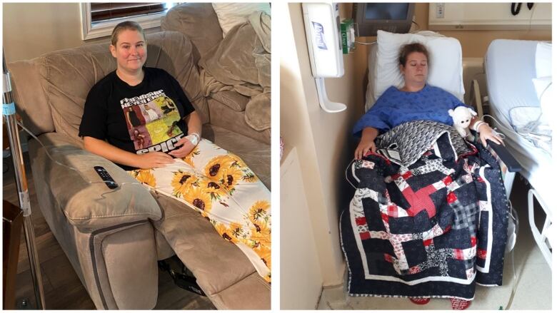 Two photos of a woman. In one she is smiling, sitting on a couch and in another her eyes are closed and she is lying back on a hospital chair. 