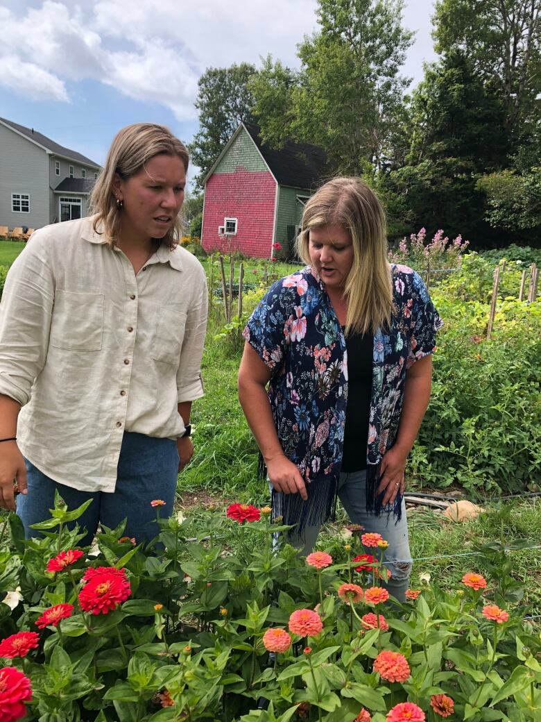 Two women stand talking in a garden of orange flowers.