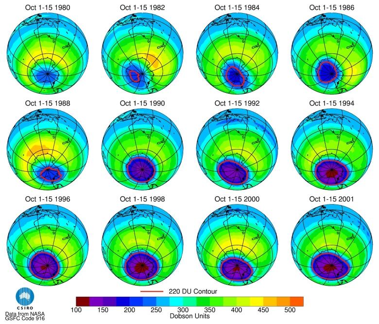 A series of satellite images from 1980 to 2001 showing the hole in the ozone layer.