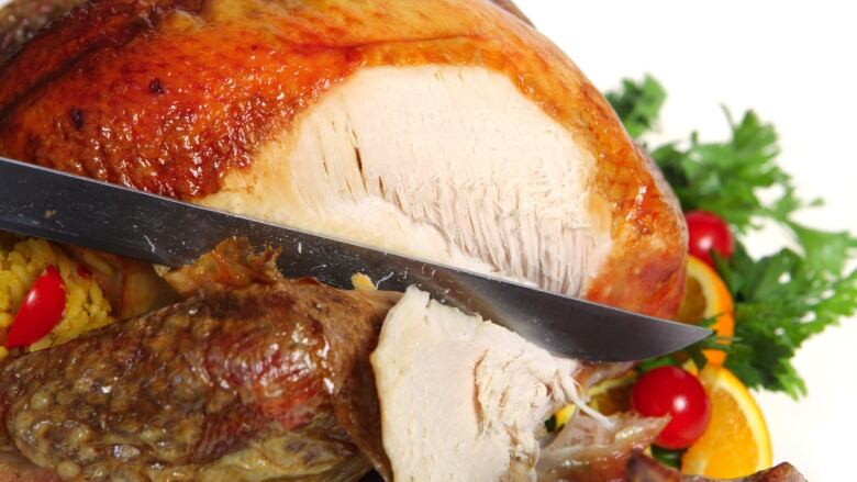 Knife cutting into a roasted turkey