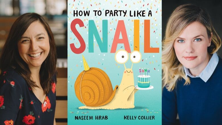 Photo of author and illustrator smiling at the camera, alongside the book jacket with a snail holding a birthday cake whose candles spell out 'shhh.'