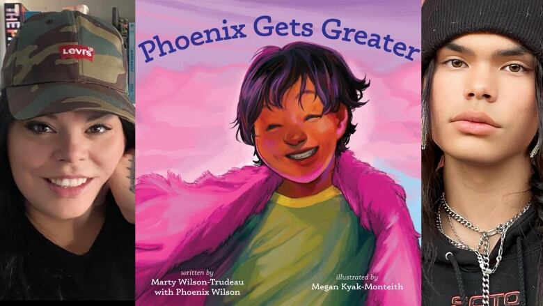 A woman is smiling wearing a green hat to the left, while in the middle is a the book cover of a smiling child, and to the right is a young man.