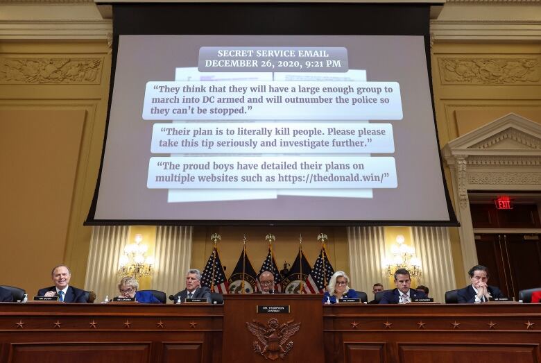 Wide shot of a video screen above a congressional hearing, showing text messages. 