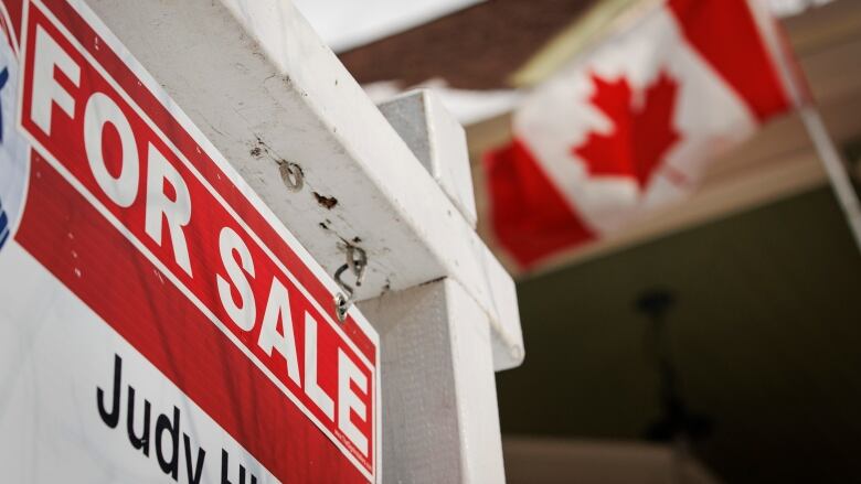 A sign that says for sale with a Canadian flag in the background.