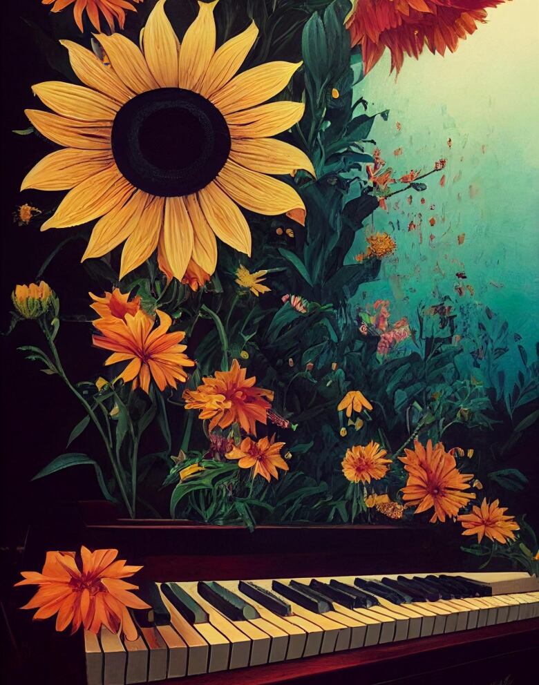 An original artificial intelligence art design titled Sunflower Music. 