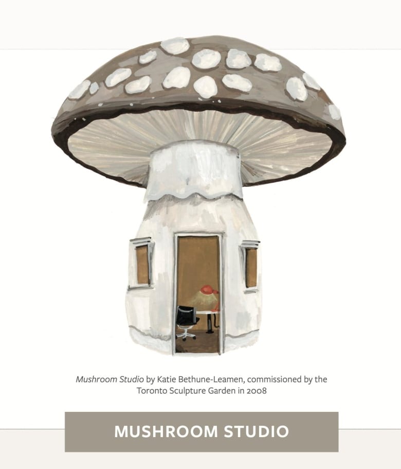 Illustration of an artist studio shaped like a giant beige toadstool.