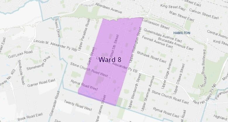 A map with Ward 8 coloured in purple.