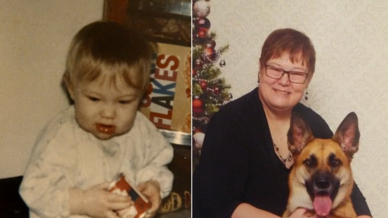 The picture on the left shows a toddler, sitting and holding a cup, while the picture on the right shows an older adult sitting next to a dog with its tongue hanging out. 