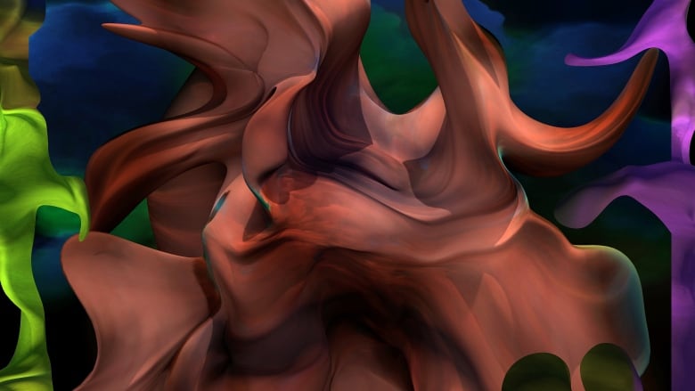 A brown billowing digital item is surrounding by similarly billow greens and purples in an abstract piece of digital art. 