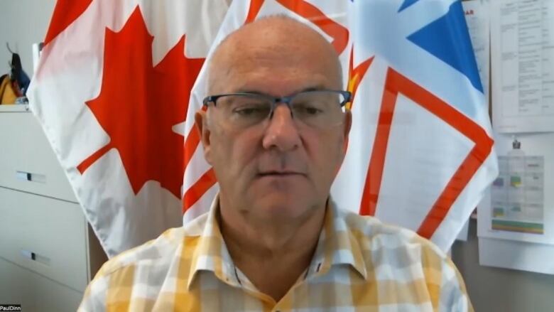 A man with a yellow striped shirt sits in front of the Canadian and Newfoundland and Labrador flags. 