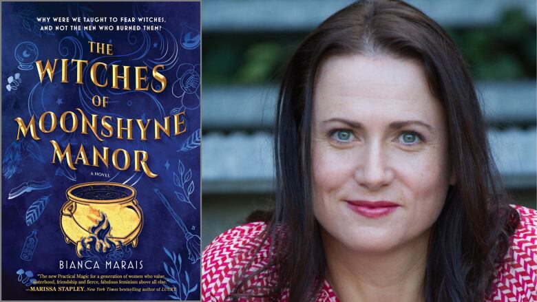 A composite photo of a witchy, blue book cover featuring a gold cauldron next to a portrait of a brunette woman sitting on stairs outside.