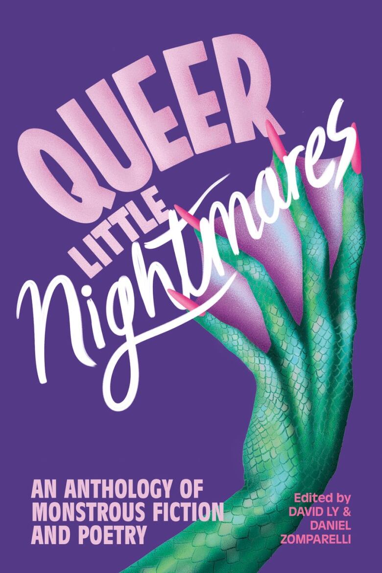 Purple book cover featuring scaly, webbed green hand with sharp pink manicure.