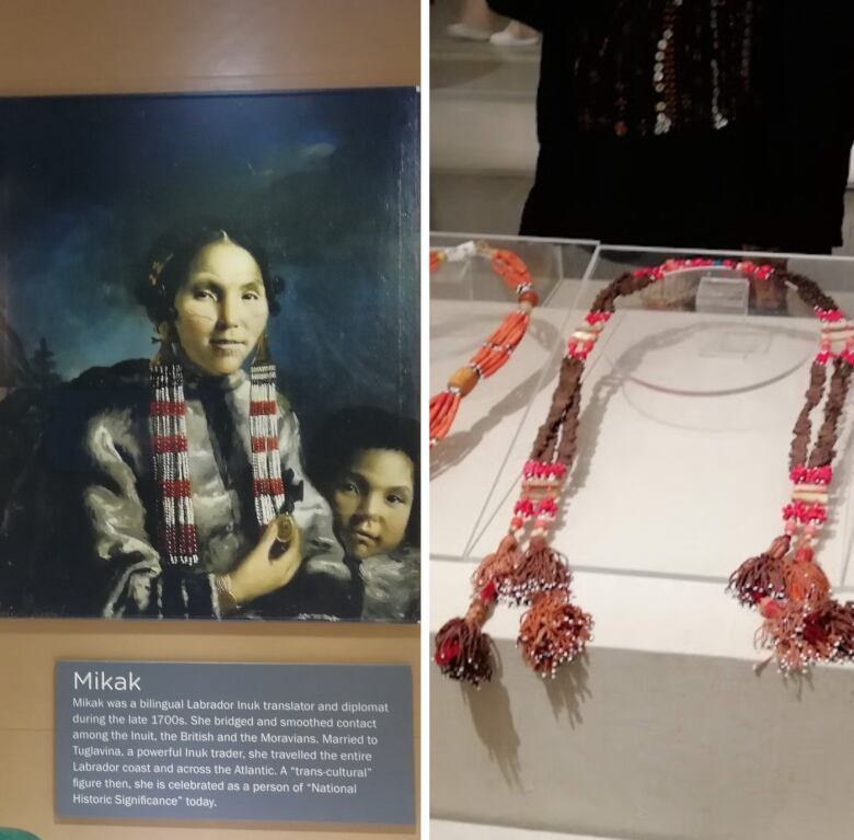 A painting of Inuit Mikak and her son Tukauk on one side of the photo. On the other, a brown and pink long piece of jewelry from the National Museum of Egyptian Civilization