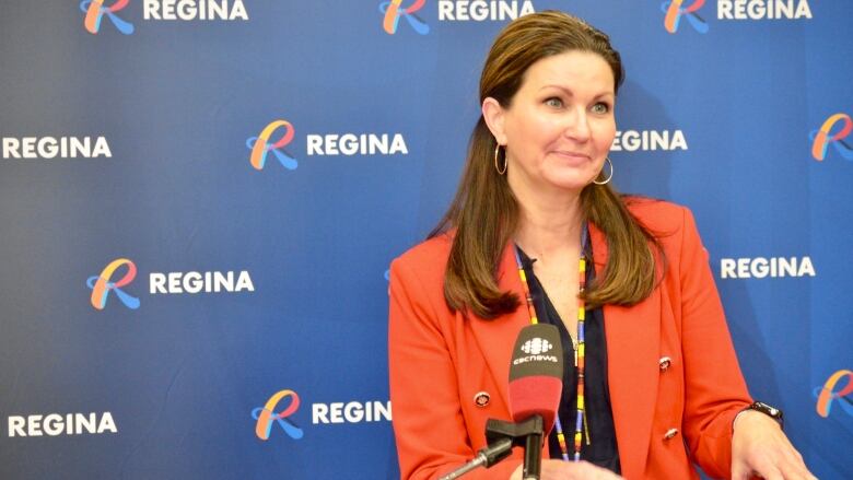 Mayor Sandra Masters speaks during a press conference at Regina city hall. 