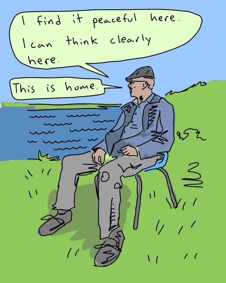 A graphic image of a older Black man sitting on a chair in a grassy area looking out toward the water. The text bubble reads 