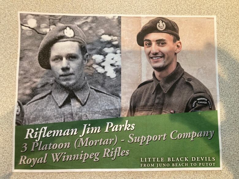 A poster displays a black and white photograph of a second world war soldier next to a colour photograph of an actor in second world war dress.