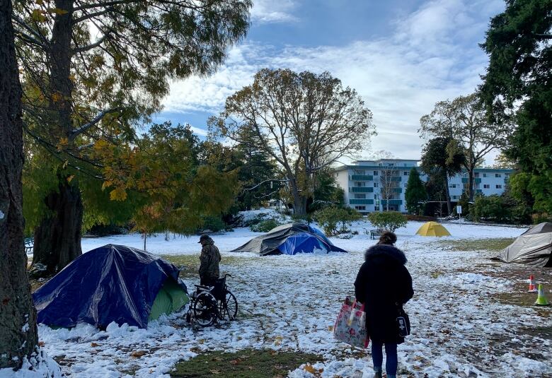 Photo shows four tents in a city park, with snow on the ground. 