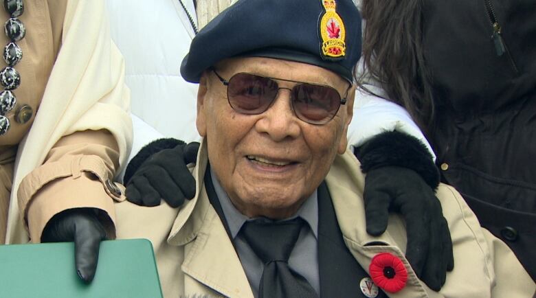 Veteran Hugh Kalani Melville Browne smiles as he speaks to a reporter at the Remembrance Day ceremony in Ladner, B.C., on Friday. Nov. 11, 2022.