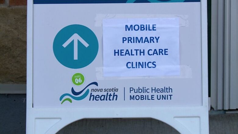 A sandwich board sign advertising mobile primary health-care clinics.