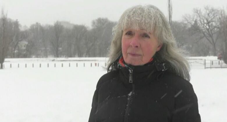 A woman with long grey hair, wearing a black jacket, stands in a snow-covered park.