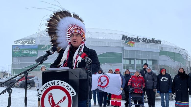 Kahkewistahaw First Nation Chief Evan Taypotat speaks at a press conference on Nov. 17, 2022. 