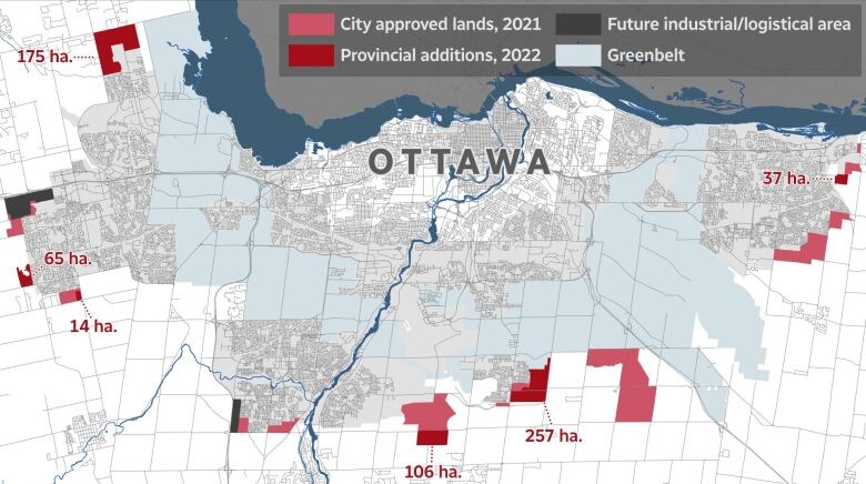 A map that shows the urban expansion areas approved by the City of Ottawa, and later, by the Ontario government.