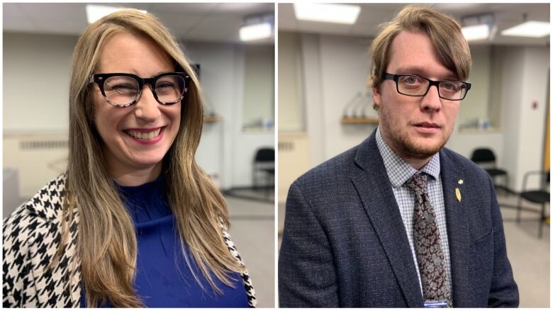 Two photos, both of people from the chest up. The person on the left has long hair and glasses and a blue shirt. The person on the right is wearing a suit and tie.