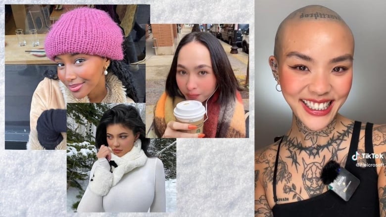 A collage on a snowy background featuring closeup portraits of 4 people wearing pink blush to make them look like they've been in the cold. 