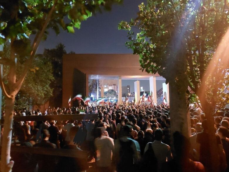 A crowd of people waving flags