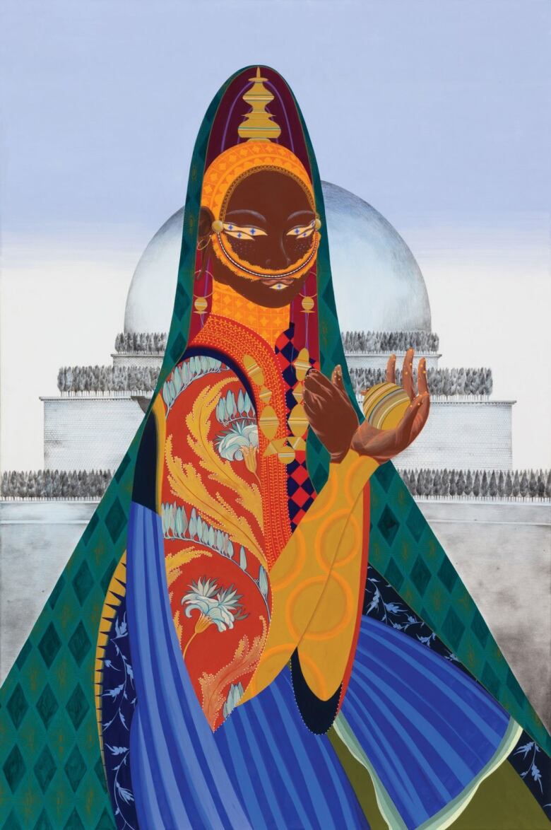 Mixed media artwork on paper by Rajni Perera. It is a medium-shot portrait of a brown-skinned humanoid mutant with multiple starry eyes wearing elaborately patterned clothing in orange, green, blue and gold. A grey domed structure rises in the background behind them.