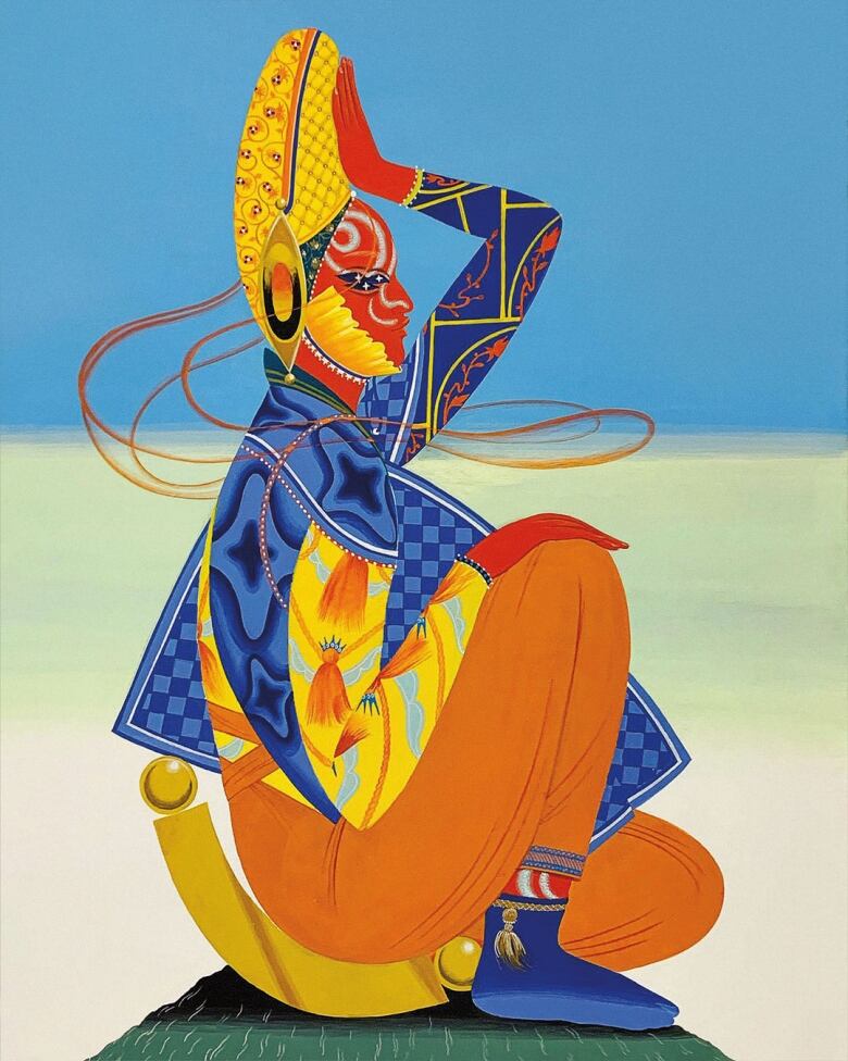 Mixed media artwork on paper by Rajni Perera. Depitcs a seated humanoid mutant in profile. They have crimson skin adorned with swirling designs and wear patterned clothing in blue, orange and yellow. 