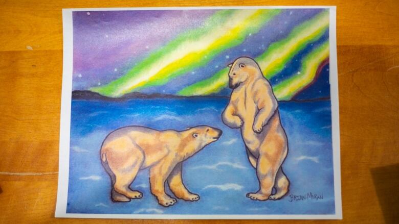 A pastel drawing of two polar bears and the northern lights.