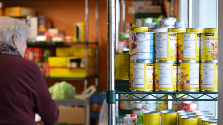 A shelf full of cans with a woman stocking a box