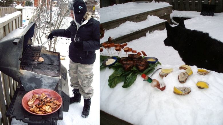 Two photos of food and snow.