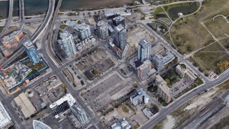 A satellite image of Calgary's East Village neighbourhood.