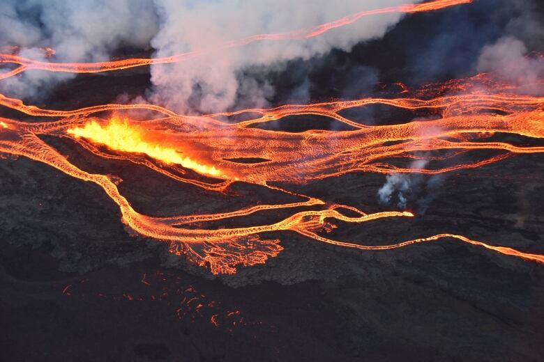 What looks like burning rivers running down the side of a mountain. 