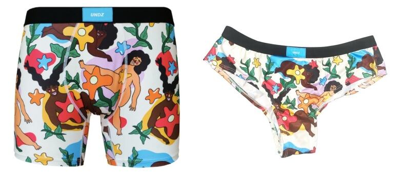 Boxer briefs and bikini cut panties featuring a colourful print of cartoon human figures.