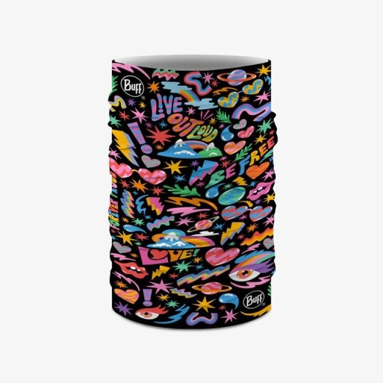 Black fabric tube printed with neon-coloured motifs.