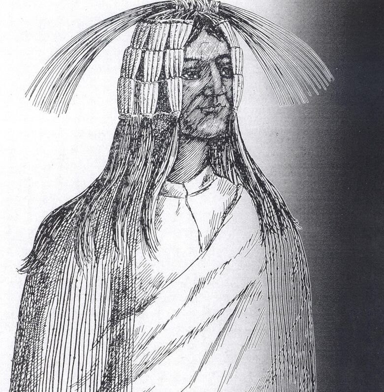 An Indigenous man is sketched wearing a headdress.