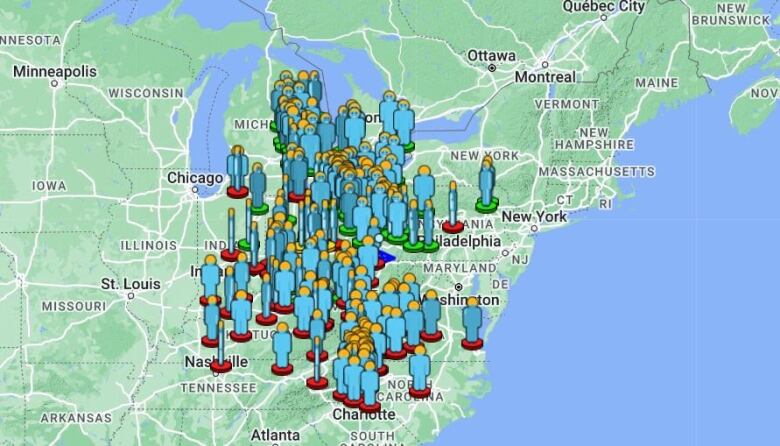 A map showing people who saw the meteor. 