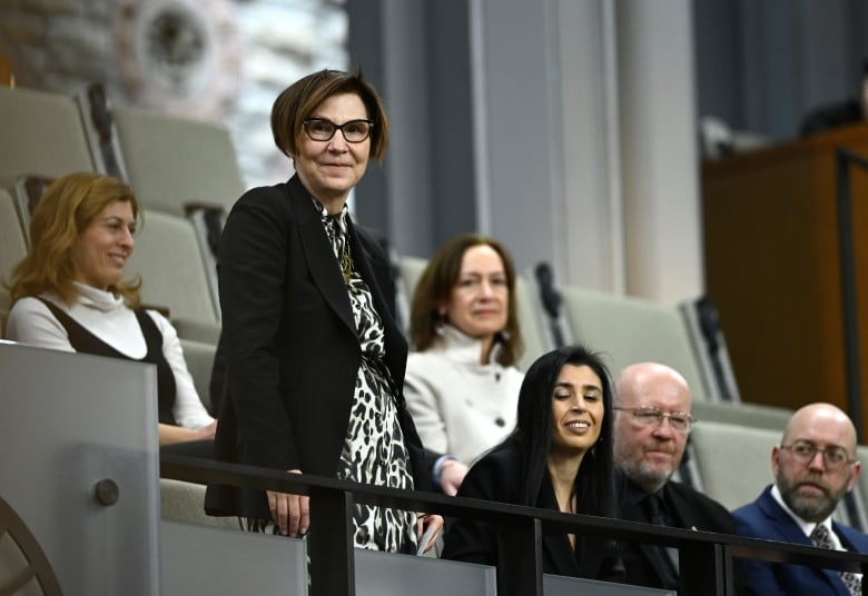 A woman stands in the House of Commons viewers' gallery.