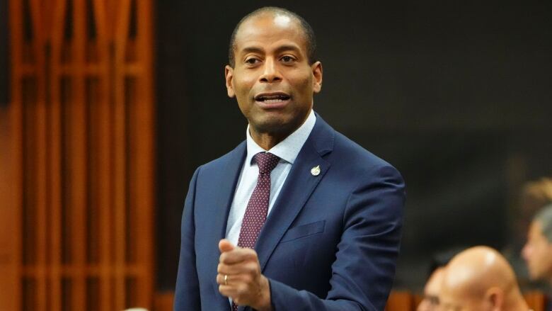 A politician points their hand as they speak in the legislature.