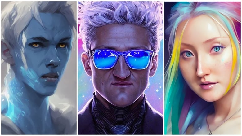 A composite of three digital art images, from left to right: A blue man with white hair and yellow eyes, a man with tall white hair and bright blue sunglasses against a purple background, and a woman with rainbow coloured hair.