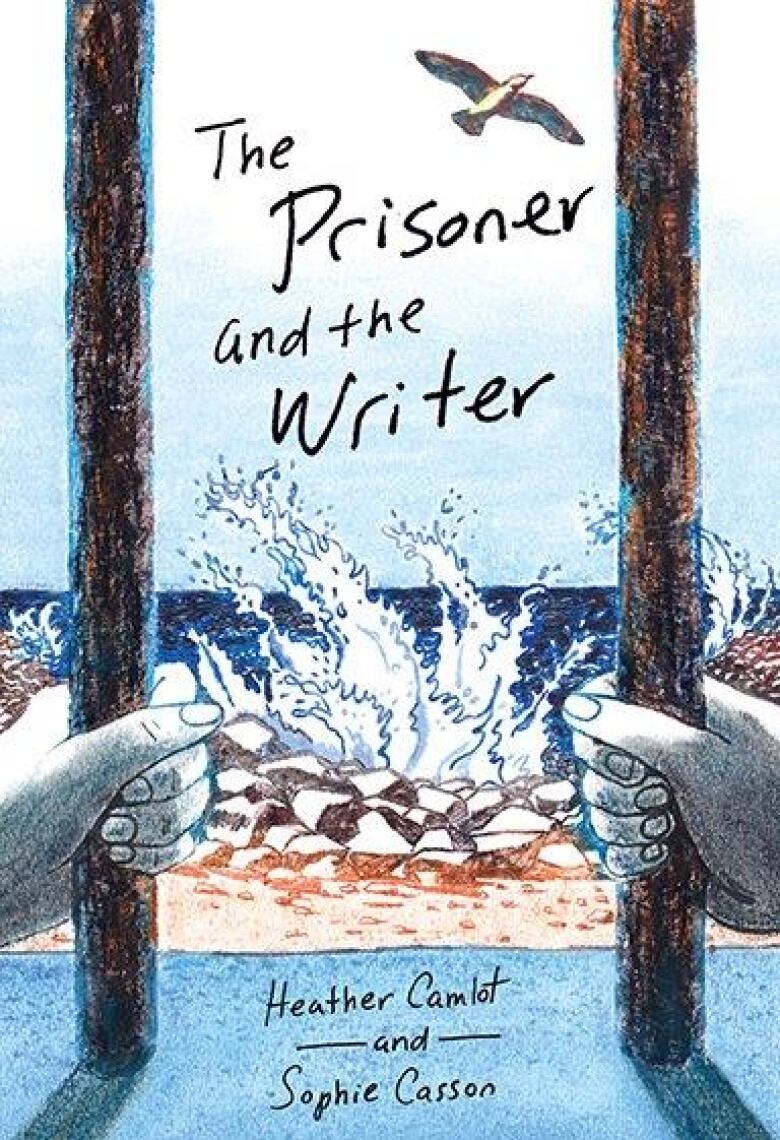 The book cover shows an illustration from the POV of someone looking out of a jail cell window, their hands around the bars of the cell window, onto a beach with waves crashing. 