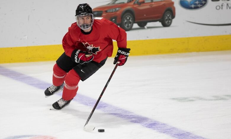 A hockey player carries the puck over the blueline during a practice.