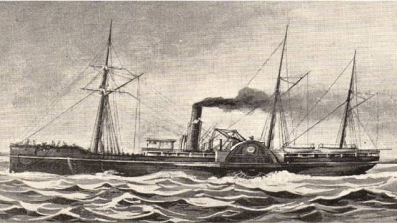 An old black and white painting show a long steamship blowing smoke.