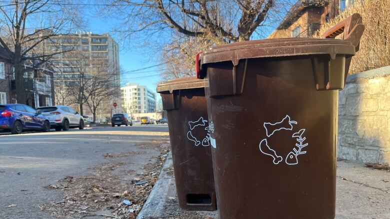 Two brown bins on a sidewalk