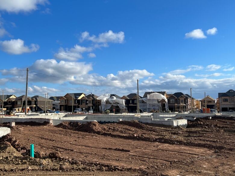 A construction site showing homes in various states of completion.